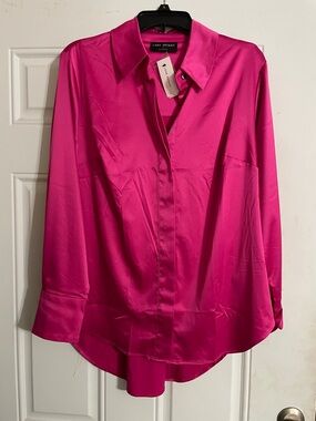 NWT Lane Bryant Fuchsia Satin Button-Down Shirt